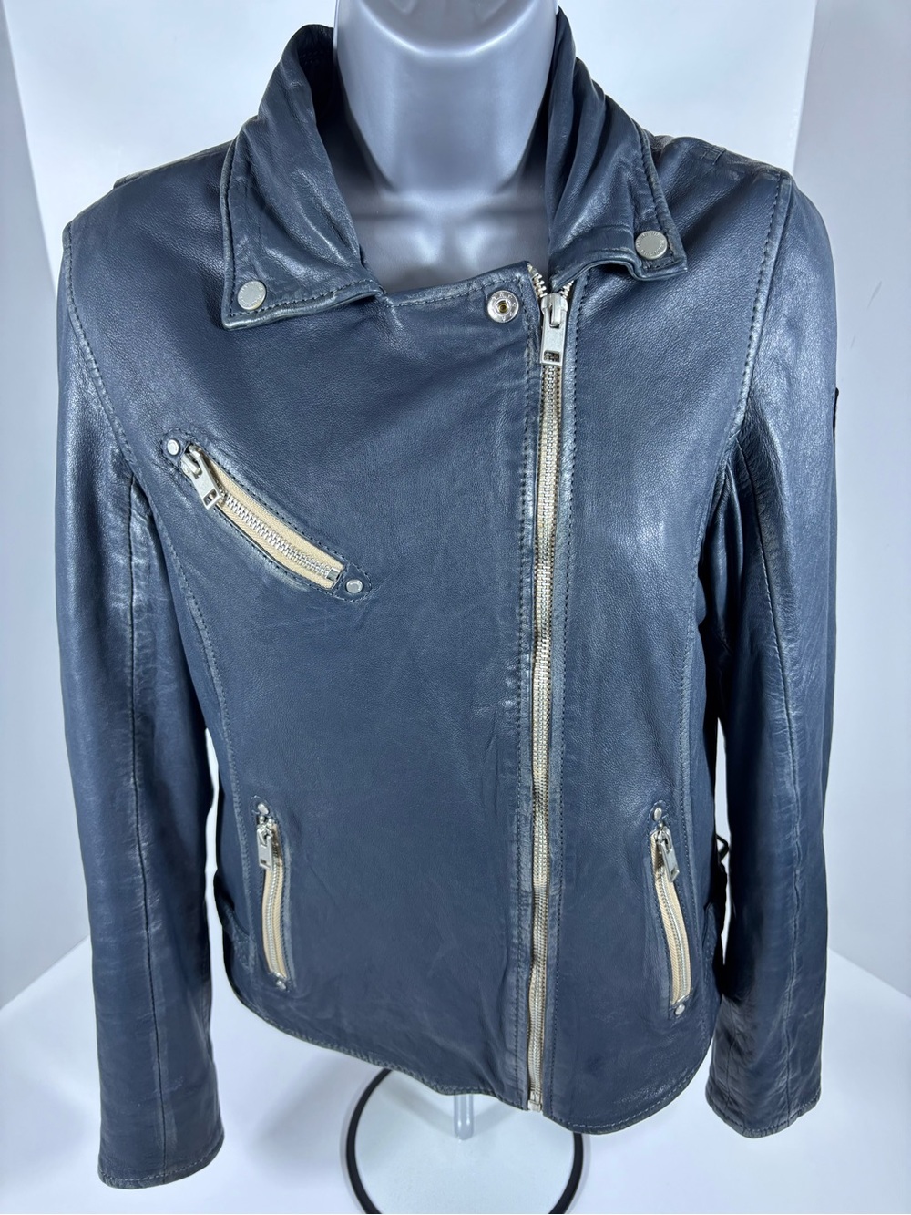 Mauritius Lamb Leather Blue Moto Jacket Womens Small Asymmetrical Zip Biker